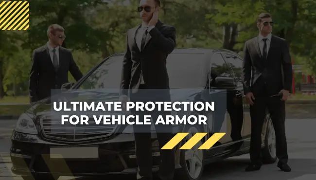 Vechile armor protection Bodyguards standing near black armored car